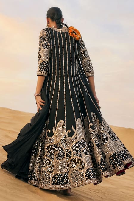 Shop_Punit Balana_Black Silk Mirrors, Embroidery Square Neck, Open Anarkali With And Salma Jacket _at_Aza_Fashions
