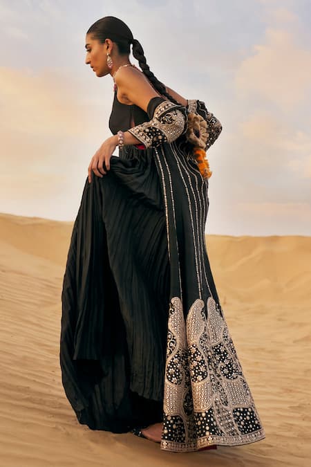 Buy_Punit Balana_Black Silk Mirrors, Embroidery Square Neck, Open Anarkali With And Salma Jacket _Online_at_Aza_Fashions