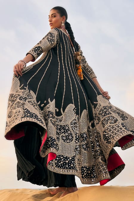 Shop_Punit Balana_Black Silk Mirrors, Embroidery Square Neck, Open Anarkali With And Salma Jacket _Online_at_Aza_Fashions