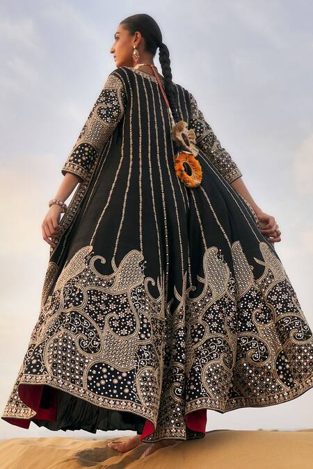 Punit Balana_Black Silk Mirrors, Embroidery Square Neck, Open Anarkali With And Salma Jacket _at_Aza_Fashions