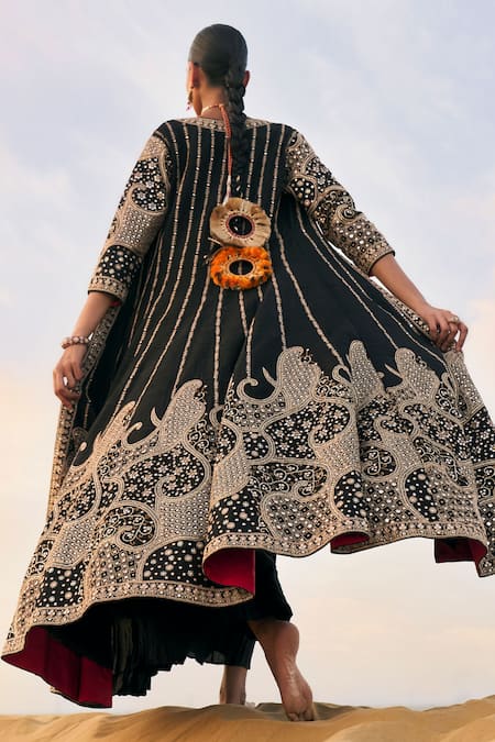 Buy_Punit Balana_Black Silk Mirrors, Embroidery Square Neck, Open Anarkali With And Salma Jacket 