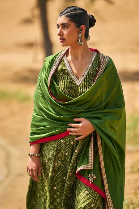 Punit Balana_Green Silk, Organza Embroidery, Tassels Alia Marodi Work Anarkali Pant Set _Online_at_Aza_Fashions