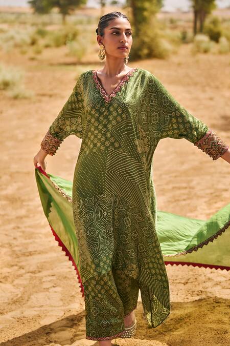 Punit Balana_Green Satin, Silk Embroidery V-neck Bandhani Print Kurta And Pant Set _Online_at_Aza_Fashions
