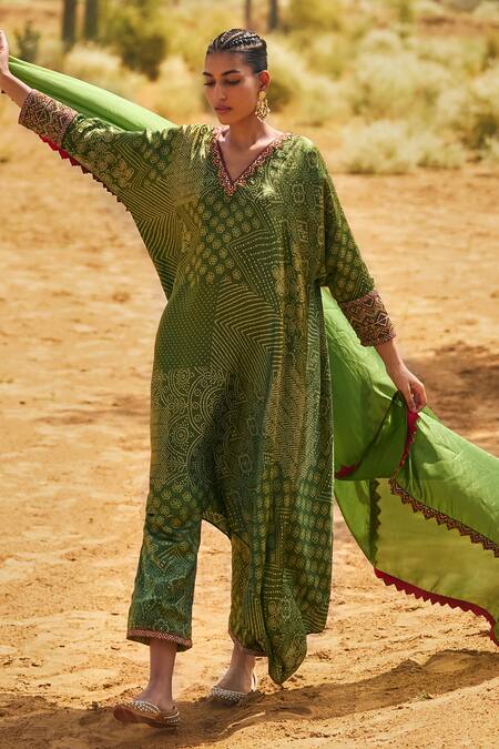 Punit Balana_Green Satin, Silk Embroidery V-neck Bandhani Print Tunic Pant Set _Online_at_Aza_Fashions