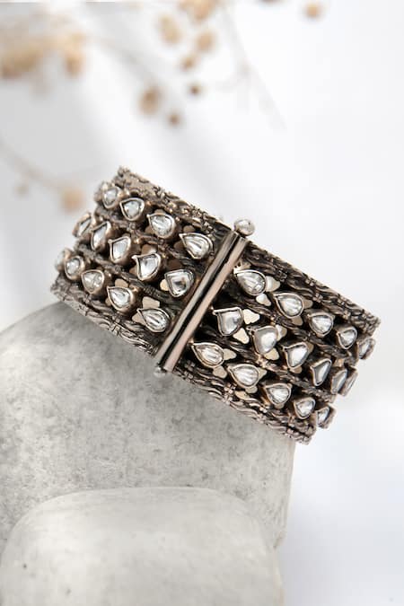 Shop Neeta Boochra Silver Plated Imitation Diamonds Kundan Embellished Bangle - Single Pc at Aza Fashions Shop_Neeta Boochra_Silver Plated Imitation Diamonds Kundan Embellished Bangle - Single Pc _at_Aza_Fashions