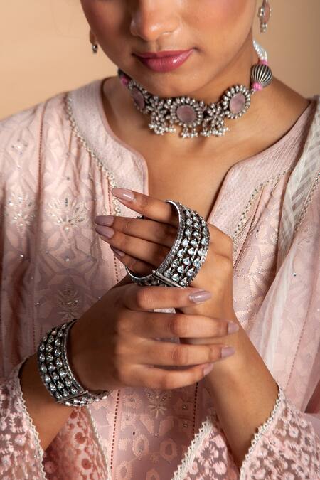 Buy Neeta Boochra Silver Plated Imitation Diamonds Kundan Embellished Bangle - Single Pc Online at Aza Fashions Buy_Neeta Boochra_Silver Plated Imitation Diamonds Kundan Embellished Bangle - Single Pc _Online_at_Aza_Fashions