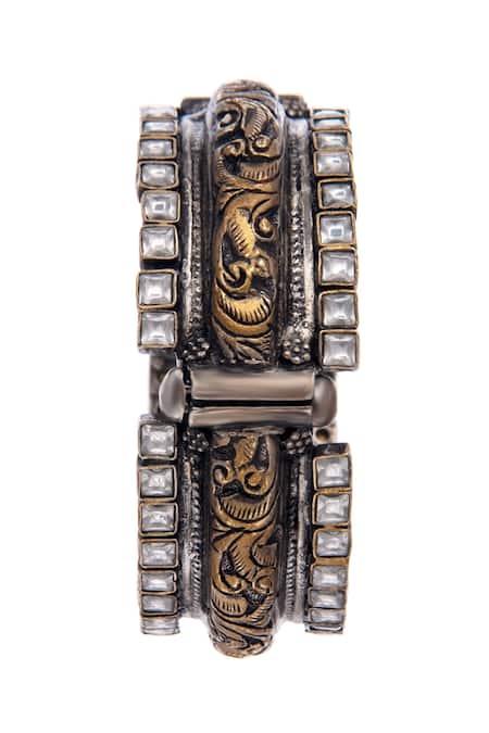 Buy_Neeta Boochra_Gold Plated Imitation Diamonds Kundan Embellished Carved Bangle - Single Pc _Online_at_Aza_Fashions