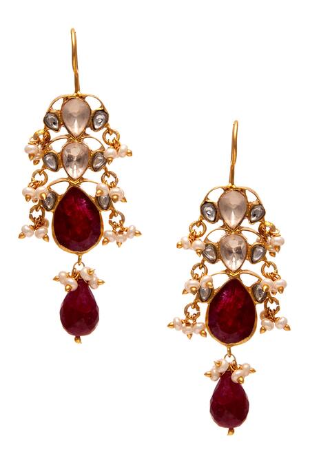 Neeta Boochra_Gold Plated Pearls, Rhinestones, Diamonds Carved Kundan Embellished Earrings _Online_at_Aza_Fashions