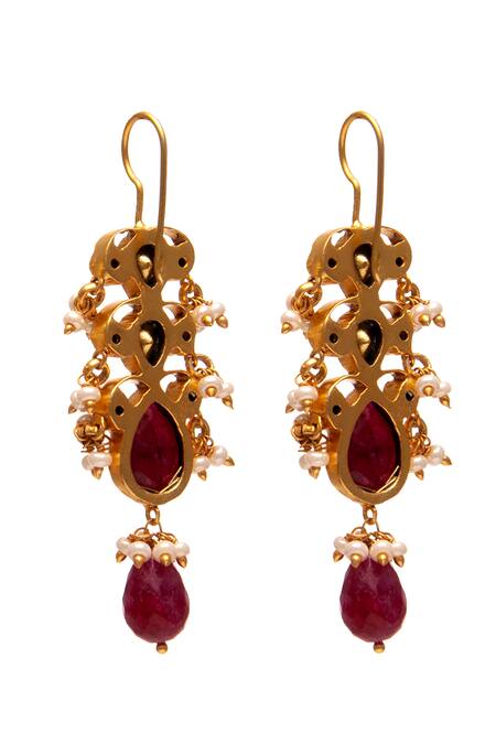 Shop_Neeta Boochra_Gold Plated Pearls, Rhinestones, Diamonds Carved Kundan Embellished Earrings _Online_at_Aza_Fashions