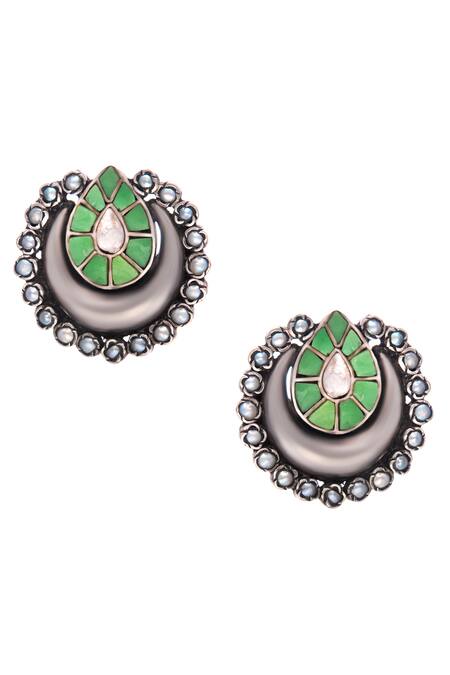 Neeta Boochra_Silver Plated Pearls, Gota Patti Crescent Moon Shaped Earrings _Online_at_Aza_Fashions
