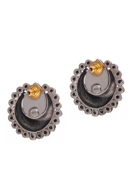 Shop_Neeta Boochra_Silver Plated Pearls, Gota Patti Crescent Moon Shaped Earrings _Online_at_Aza_Fashions