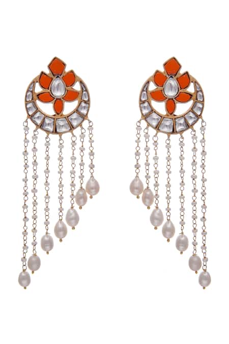 Neeta Boochra_Gold Plated Pearls Flower Kundan Embellished Dangler Earrings _Online_at_Aza_Fashions