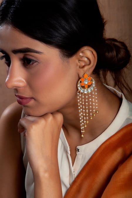 Buy_Neeta Boochra_Gold Plated Pearls Flower Kundan Embellished Dangler Earrings _Online_at_Aza_Fashions