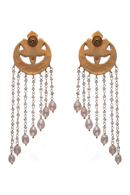 Neeta Boochra_Gold Plated Pearls Flower Kundan Embellished Dangler Earrings _at_Aza_Fashions
