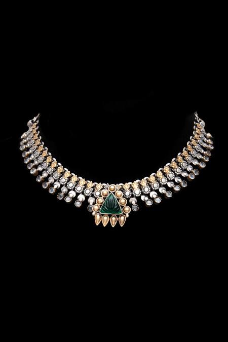 Neeta Boochra_Gold Plated Glass Carved Pendant Necklace _Online_at_Aza_Fashions