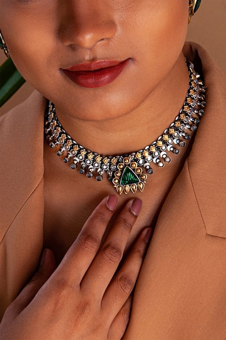 Neeta Boochra_Gold Plated Glass Carved Pendant Necklace _at_Aza_Fashions