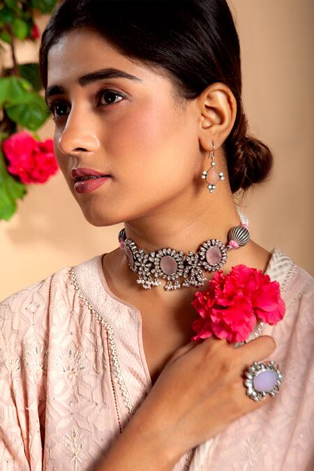 Buy_Neeta Boochra_Silver Plated Gemstone Embellished Choker Necklace _Online_at_Aza_Fashions