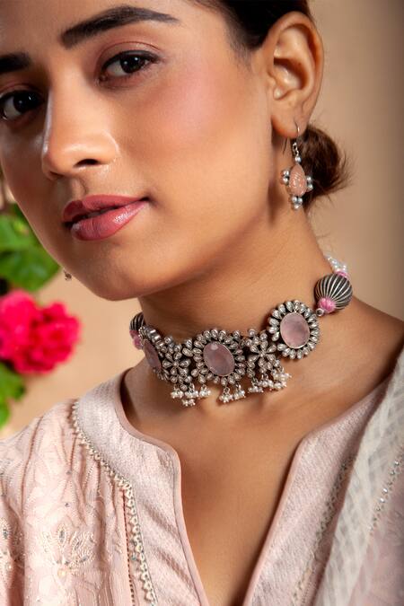 Shop_Neeta Boochra_Silver Plated Gemstone Embellished Choker Necklace _Online_at_Aza_Fashions
