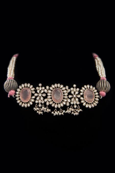 Neeta Boochra_Silver Plated Gemstone Embellished Choker Necklace _at_Aza_Fashions