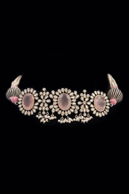 Shop_Neeta Boochra_Silver Plated Gemstone Embellished Choker Necklace 