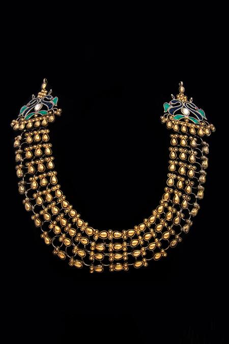 Shop_Neeta Boochra_Gold Plated Carved Work Layered Necklace _Online_at_Aza_Fashions