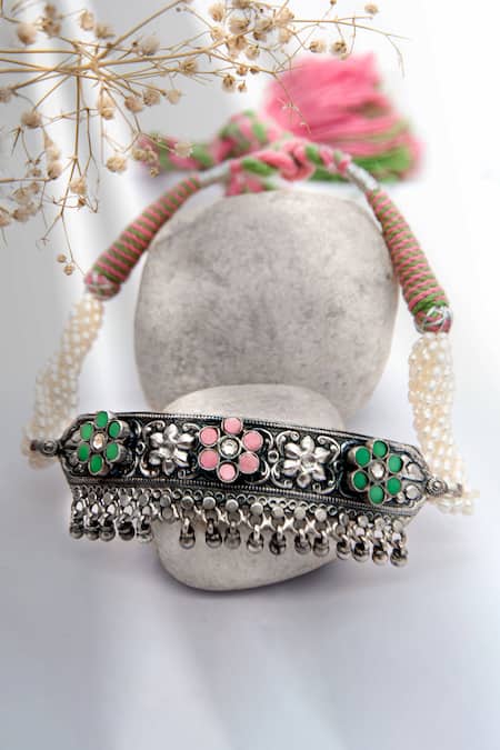 Shop Neeta Boochra Silver Plated Kundan Embellished Choker Necklace at Aza Fashions Shop_Neeta Boochra_Silver Plated Kundan Embellished Choker Necklace _at_Aza_Fashions