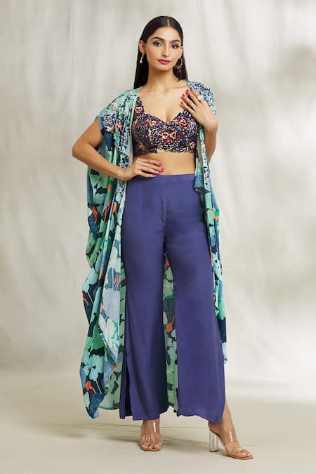 Buy_Divya Kanakia_Blue Net, Satin Sequins Sweetheart Neck Floral Print Cape Pant Set _Online_at_Aza_Fashions