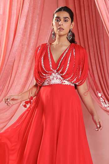 Seema Thukral_Red Chiffon, Organza, Satin Embroidery V-neck Melani Floral Anarkali _Online_at_Aza_Fashions