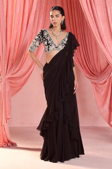 Buy Black Saree Chiffon Satin Sweetheart Embroidered Ruffle With Blouse For  Women by Divya Aggarwal Online at Aza Fashions.
