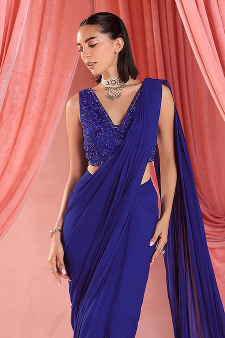 Seema Thukral Blue Georgette, Satin Beads, Anna Pre-draped Saree With Embroidered Blouse Online at Aza Fashions Seema Thukral_Blue Georgette, Satin Beads, Anna Pre-draped Saree With Embroidered Blouse _Online_at_Aza_Fashions