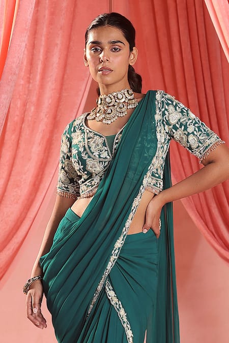 Seema Thukral_Green Georgette, Satin Embroidery Floral Pre-draped Saree With Blouse _Online_at_Aza_Fashions