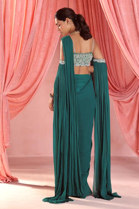 Shop Seema Thukral Green Georgette, Chiffon, Satin Adriana Embellished Pre-draped Saree With Blouse at Aza Fashions Shop_Seema Thukral_Green Georgette, Chiffon, Satin Adriana Embellished Pre-draped Saree With Blouse _at_Aza_Fashions
