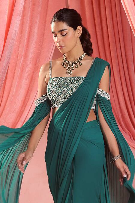 Seema Thukral Green Georgette, Chiffon, Satin Adriana Embellished Pre-draped Saree With Blouse Online at Aza Fashions Seema Thukral_Green Georgette, Chiffon, Satin Adriana Embellished Pre-draped Saree With Blouse _Online_at_Aza_Fashions