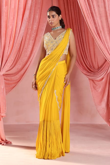 Seema Thukral Luna Mirror Embroidered Pre-Draped Saree With Blouse 