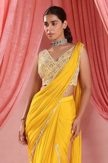 Seema Thukral_Yellow Chiffon, Georgette, Satin Luna Embroidered Pre-draped Saree With Blouse For Kids_Online_at_Aza_Fashions