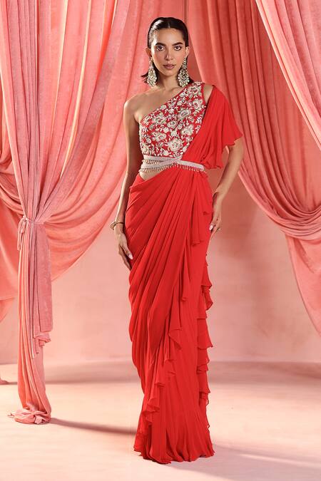 Buy Stunning Pink Georgette Ruffle Saree Lehenga Set Online in USA – Pure  Elegance