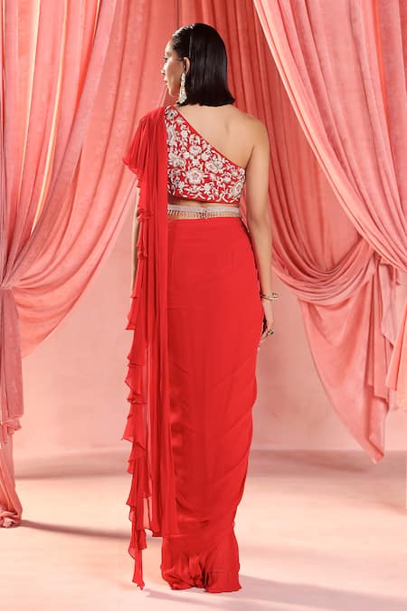 Shop Seema Thukral Red Georgette, Satin Tassels, Amelia Pre-draped Ruffle Saree With Blouse at Aza Fashions Shop_Seema Thukral_Red Georgette, Satin Tassels, Amelia Pre-draped Ruffle Saree With Blouse _at_Aza_Fashions