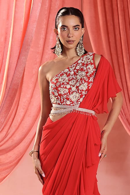 Seema Thukral Red Georgette, Satin Tassels, Amelia Pre-draped Ruffle Saree With Blouse Online at Aza Fashions Seema Thukral_Red Georgette, Satin Tassels, Amelia Pre-draped Ruffle Saree With Blouse _Online_at_Aza_Fashions