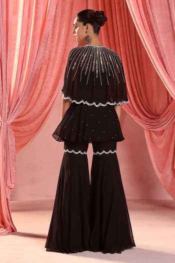 Seema Thukral_Black Georgette, Organza, Satin Beads, Embroidery, Peplum Kurta Gharara Set _Online_at_Aza_Fashions
