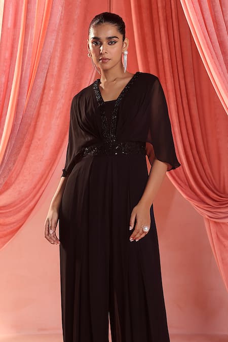 Seema Thukral_Black Georgette, Satin Embroidery V-neck Elnora Draped Jumpsuit _Online_at_Aza_Fashions