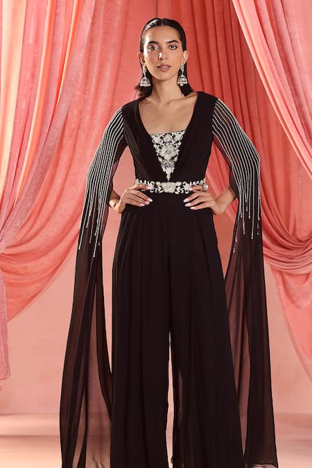 Seema Thukral_Black Georgette, Satin Pearls, Lena Floral Embroidered Cape Sleeve Jumpsuit _Online_at_Aza_Fashions