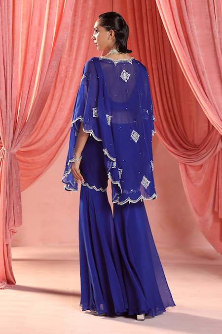 Seema Thukral_Blue Georgette, Organza, Satin Embroidery, Electric Scallop Cape Gharara Set _Online_at_Aza_Fashions