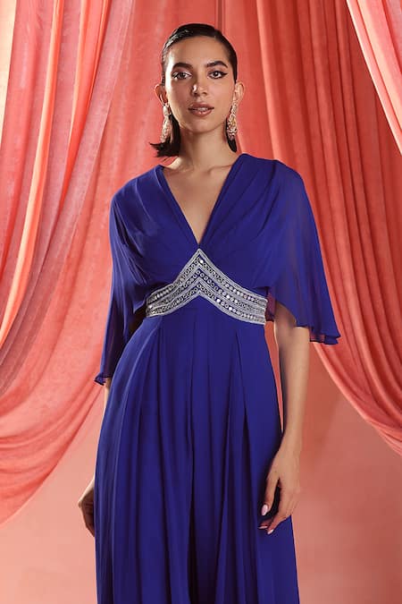 Seema Thukral Blue Georgette, Satin Embroidery V-neck Emily Pleated Jumpsuit Online at Aza Fashions Seema Thukral_Blue Georgette, Satin Embroidery V-neck Emily Pleated Jumpsuit _Online_at_Aza_Fashions