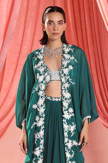 Seema Thukral_Green Georgette Sequins, Beads, Lenora Lily Embroidered Cape Draped Skirt Set _Online_at_Aza_Fashions