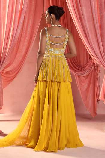 Seema Thukral_Yellow Georgette, Organza, Net Nola Flora Embellished Peplum Kurta Sharara Set _Online_at_Aza_Fashions