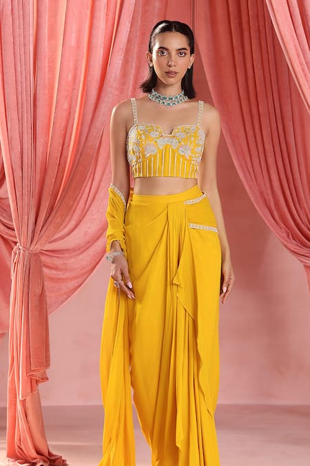 Seema Thukral_Yellow Georgette, Satin Nina Buttercup Bloom Embroidered Blouse Draped Skirt For Kids_Online_at_Aza_Fashions