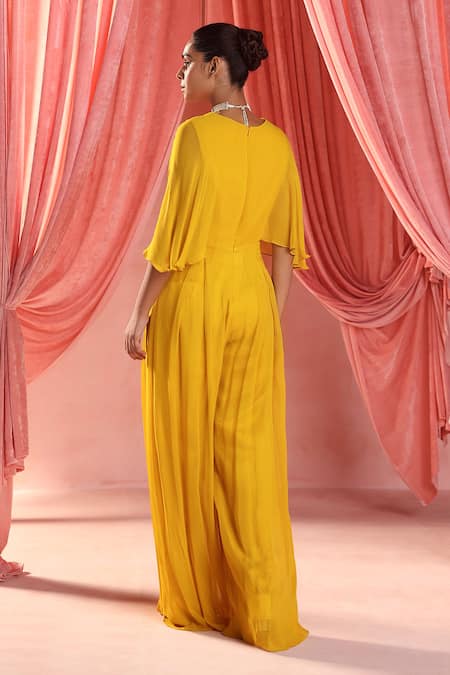 Shop Seema Thukral Yellow Georgette, Satin Sequins, Pearls Lara Embellished Waist Pleated Jumpsuit at Aza Fashions Shop_Seema Thukral_Yellow Georgette, Satin Sequins, Pearls Lara Embellished Waist Pleated Jumpsuit _at_Aza_Fashions