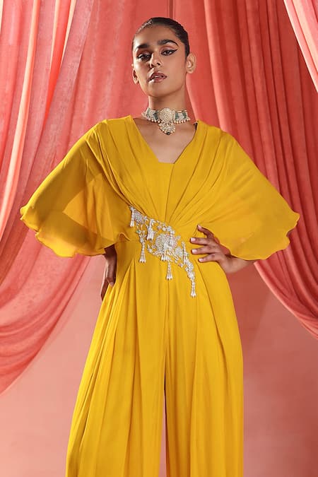 Seema Thukral Yellow Georgette, Satin Sequins, Pearls Lara Embellished Waist Pleated Jumpsuit Online at Aza Fashions Seema Thukral_Yellow Georgette, Satin Sequins, Pearls Lara Embellished Waist Pleated Jumpsuit _Online_at_Aza_Fashions