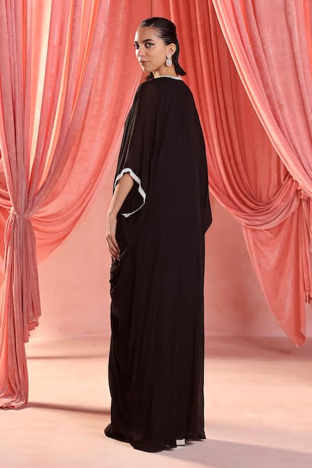 Shop Seema Thukral Black Chiffon, Satin Embroidery V-neck Ella Embellished Neckline Kaftan at Aza Fashions Shop_Seema Thukral_Black Chiffon, Satin Embroidery V-neck Ella Embellished Neckline Kaftan _at_Aza_Fashions