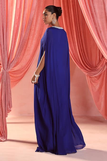 Shop_Seema Thukral_Blue Chiffon, Satin Sequins, Beads, Pearls Nura Embellished Placket Kaftan _at_Aza_Fashions